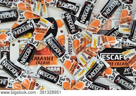 Many Nescafe Caramel Cream Coffee Sticks. Nescafe Is A Brand Of Coffee Made By Nestle, Swiss Multina