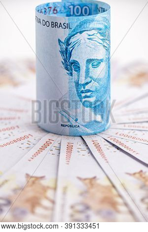 100 Reais Banknote And 200 Reais Banknotes, Money From Brazil, Conceptual Image For The Economy Of B