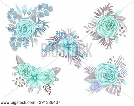 Magnolia Rose On A White Background. Flower Arrangement Bouquet Flowers Leaves Branches. Vector