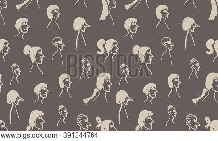 Half Face Silhouette. Vector Hand Drawn Ink Illustration. Peoples Head Side View. Simple Line Art Po
