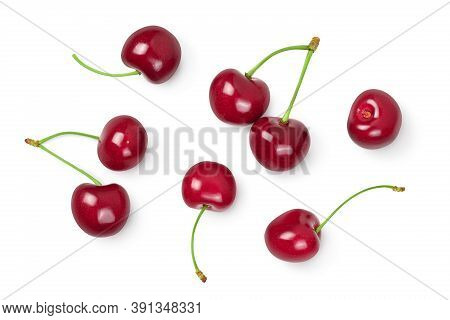 Red Sweet Cherry Isolated On White Background With Clipping Path . Top View. Flat Lay