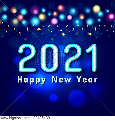 Happy New Year 2021 With Light Bulbs And Confetti