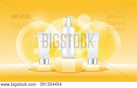 Hexagon Pedestal Yellow Show Cosmetics Products With 3d Packaging