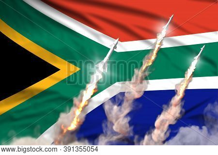 Modern Strategic Rocket Forces Concept On Flag Fabric Background, South Africa Nuclear Missile Attac