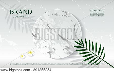 White Marble Podium Background For Displaying Cosmetic Products With Leaves And Shadows
