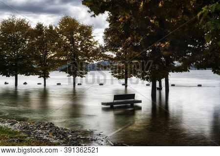 The Flooding Of Major Lake In The Autumn Season Near The Little City Of Ispra, Italy