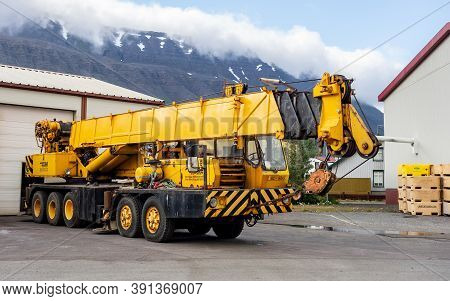 Isafjordur, Iceland - July 7, 2014: Grove Tms 475 Crane Vehicle With 5 Axes Parked In Harbour In Isa