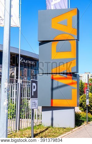 Samara, Russia - May 29, 2020: Dealership Signboard Of Official Dealer Lada In Summer Day. Lada Is A