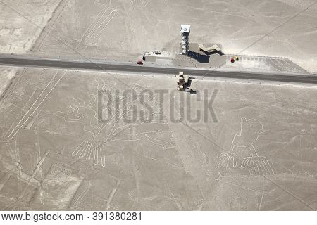 Aerial View Of Nazca Geoglyphs The Tree And Hands. Nazca, Peru.