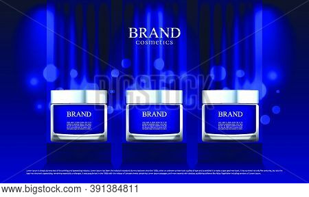 A Cosmetic Advertisement Set On A Stand And Blue Cloth As The Main Scene With Lighting