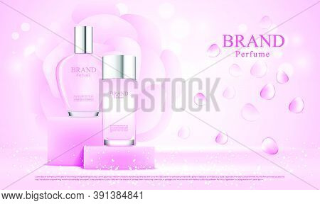 Perfume Bottles On Display Stand Background With Pink Roses Illustration