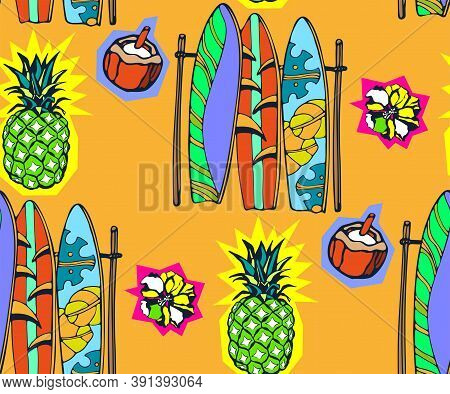 Beach Pattern With Surfing Board. Decorative Background. Vector Seamless Pattern Illustration. Print