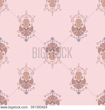 Vector Illustration. Damask Seamless Pattern Of Flowers. Pastel Brown Pattern On A Beige Background.