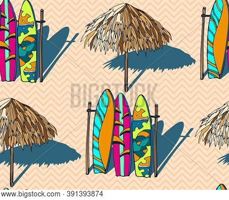 Beach Pattern With Surfing Board. Decorative Background. Vector Seamless Pattern Illustration. Print