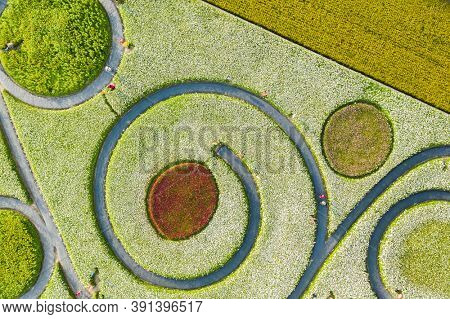 Daxi, Taiwan - November 14th, 2019: aerial view of garden in Daxi event of Taoyuan Flower Festival in Taoyuan, Taiwan, Asia