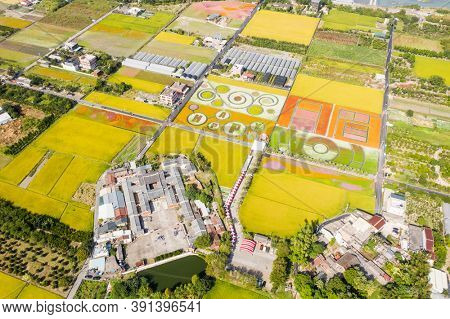 Daxi, Taiwan - November 14th, 2019: aerial view of garden in Daxi event of Taoyuan Flower Festival in Taoyuan, Taiwan, Asia