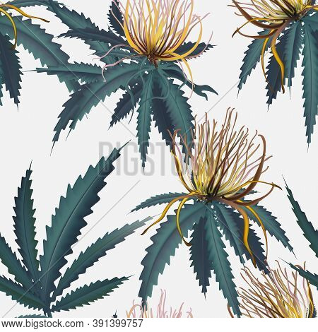 Cannabis Bloom Plant, Hemp Jungle Floral Wallpaper, Medical Marijuanna Seamless Interior Decor. Flor