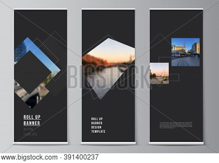 Vector Layout Of Roll Up Mockup Design Templates With Geometric Simple Shapes, Lines And Photo Place