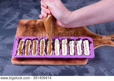 Step By Step Recipe To Make Chocolate Glazed Cottage Cheese Bars. Process Of Adding Condensed Milk T
