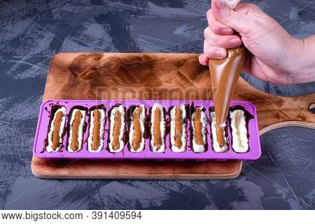 Step By Step Recipe To Make Chocolate Glazed Cottage Cheese Bars. Process Of Adding Condensed Milk T