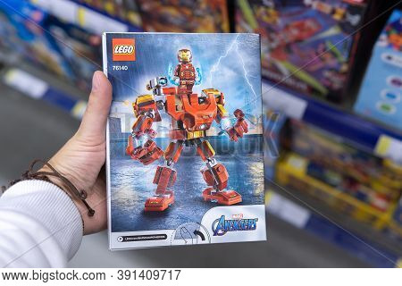 Tyumen, Russia-october 11, 2020: Carton Box With Lego Marvel Avengers Toys In The Shelf Of Supermark
