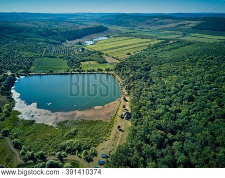 Aerial View Of Landscape With Lake About Thiganesty Monastery, Moldova Republic Of.
