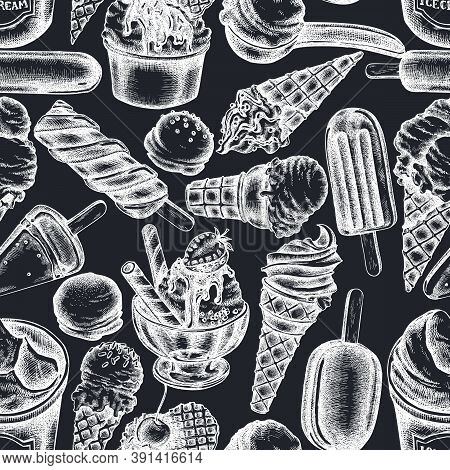 Seamless Pattern With Hand Drawn Chalk Ice Cream Bowls, Ice Cream Bucket, Popsicle Ice Cream, Ice Cr