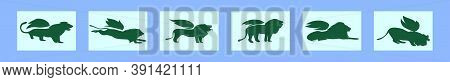 Set Of Winged Lion Cartoon Icon Design Template With Various Models. Vector Illustration Isolated On