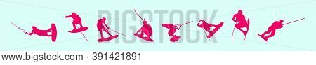 Set Of Wake Boarding Cartoon Icon Design Templates With Various Models. Vector Illustration Isolated