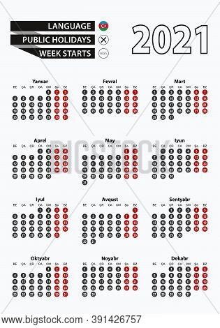Vector Template Calendar 2021 With Number In Circles, Simple Azerbaijani Calendar For Year 2021. Vec