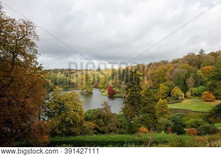 High Angle View Of The Autumn Colours At Stourhead Gardens