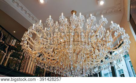 Bruges, Belgium - May 12, 2018: Beautiful Chandelier In A Cafe Pastry Shop Aux Merveilleux De Fred B