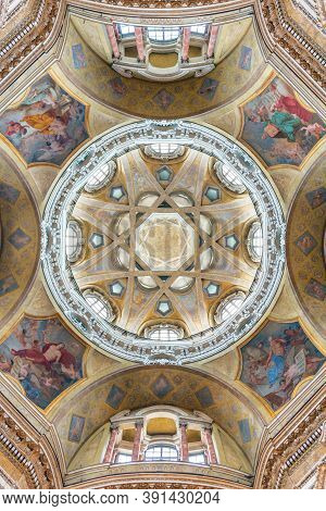 Turin, Italy - 06 08 2016: Interior View Of The Cupola Ceiling In The Royal Church Of Saint Lawrence
