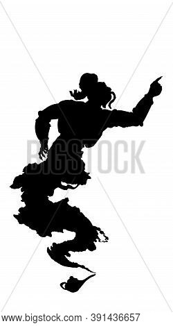 Arabic Genie Lamp Black Silhouette Isolated On White Background. Outline Of Figure Of Hero Of Easter
