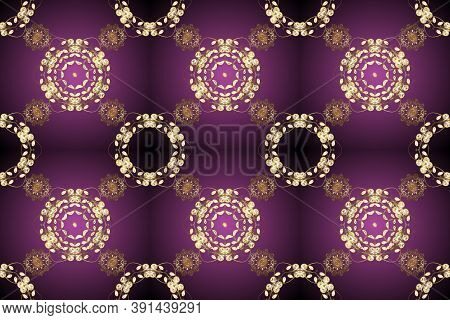 Traditional Orient Ornament. Classic Raster Golden Pattern. Golden Pattern On Brown And Purple Color