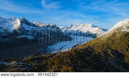 Aerial View Over The Largest Glacier In Europe - The Aletschgletscher In The Swiss Alps - Drone Foot