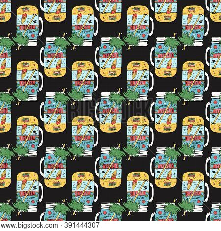 Vacation Travel Seamless Pattern With Beach Scene Inside The Cup Labels Badges. Cheers To The Weeken