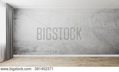 Clothes Rack With Floor Mirror In Black Frame In Room Interior Near Window, Gray Wall And Wooden Flo