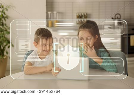 Child Safety Online. Little Kids Using Tablet At Home. Illustration Of Internet Blocking App On Fore