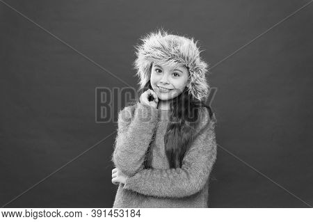 Winter Season. Shopping Concept. Keep Head In Warmth. Feeling Warm. Child Long Hair Soft Hat. Winter
