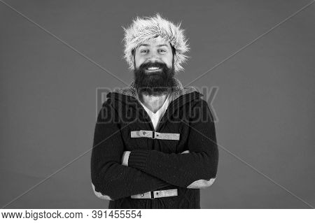 Winter Holidays. Get Warm And Comfortable. Male Fashion. Smiling Trendy Hipster. Beard Care In Cold 