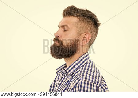 Charismatic Male Looking Serious. Mustache From Barber. Mature Hipster With Beard. Trendsetter Hipst