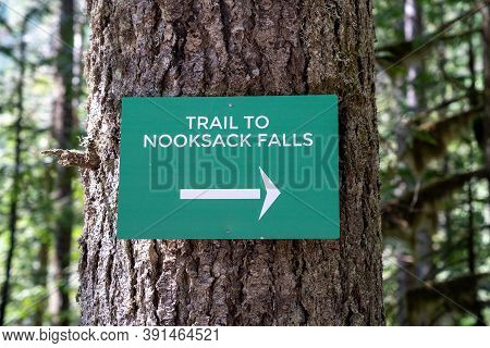 Sign For Nooksack Falls Waterfall Trail In The Mt. Baker-snoqualmie National Forest