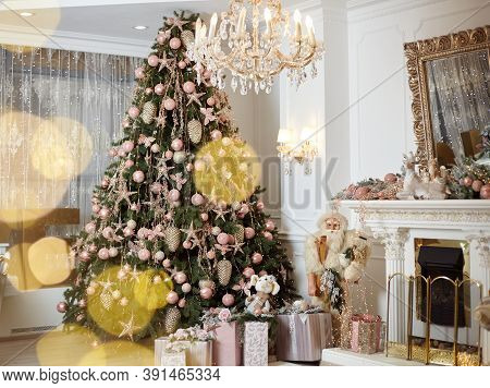 Christmas Tree Standing Living Room Interior Near Fireplace Gift Box Lie On Carpet Near Evergreen Fi