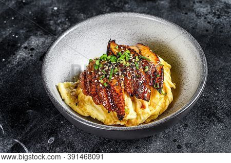 Japanese Eel Grilled With Rice Or Unagi Don. Black Background. Top View