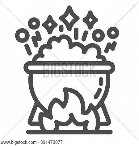Cauldron With Magic Potion On Fire Line Icon, Halloween Concept, Pot Of Boiling Potion Sign On White