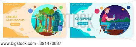 Man Collect Mushrooms In A Forest. Man Fishing On A Lake. Summer Holiday And Weekend Acticities Vect