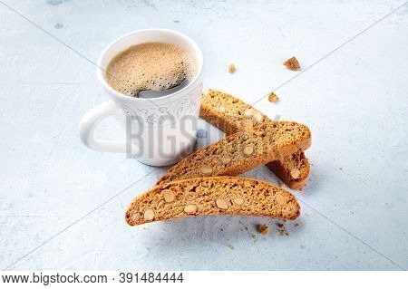 Biscotti. Traditional Italian Almond Cookies With A Cup Of Coffee. Italian Breakfast