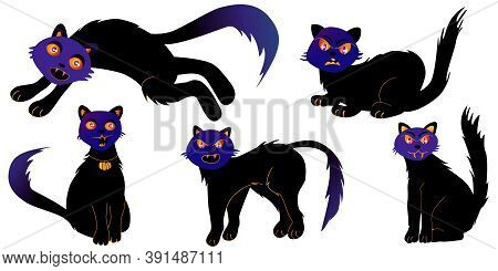 Set Of  Halloween Cats On A White Background. Vector Illustration In Modern Style.
 Trick Or Treat C