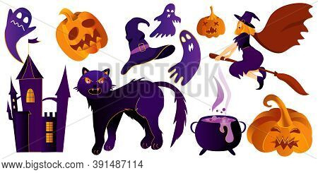 Set Of  Halloween Different Ellements On A White Background.
Vector Illustration In Modern Style.  T
